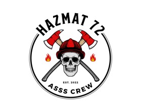 A skull wearing a firefighting helmet with axes crossed in the back. Says "HAZMAT 72" on top and "ASSS CREW" on the bottom. entry by tama9