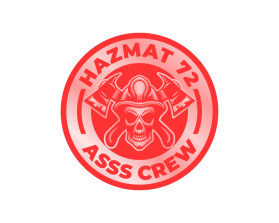 A skull wearing a firefighting helmet with axes crossed in the back. Says "HAZMAT 72" on top and "ASSS CREW" on the bottom. entry by Isym