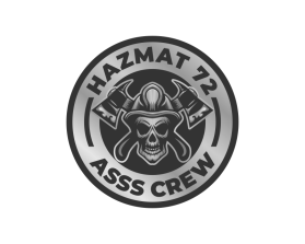 A skull wearing a firefighting helmet with axes crossed in the back. Says "HAZMAT 72" on top and "ASSS CREW" on the bottom. entry by Isym