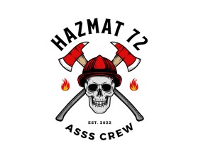 A skull wearing a firefighting helmet with axes crossed in the back. Says "HAZMAT 72" on top and "ASSS CREW" on the bottom. entry by tama9