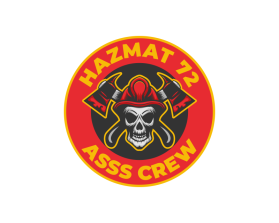 A skull wearing a firefighting helmet with axes crossed in the back. Says "HAZMAT 72" on top and "ASSS CREW" on the bottom. entry by Isym