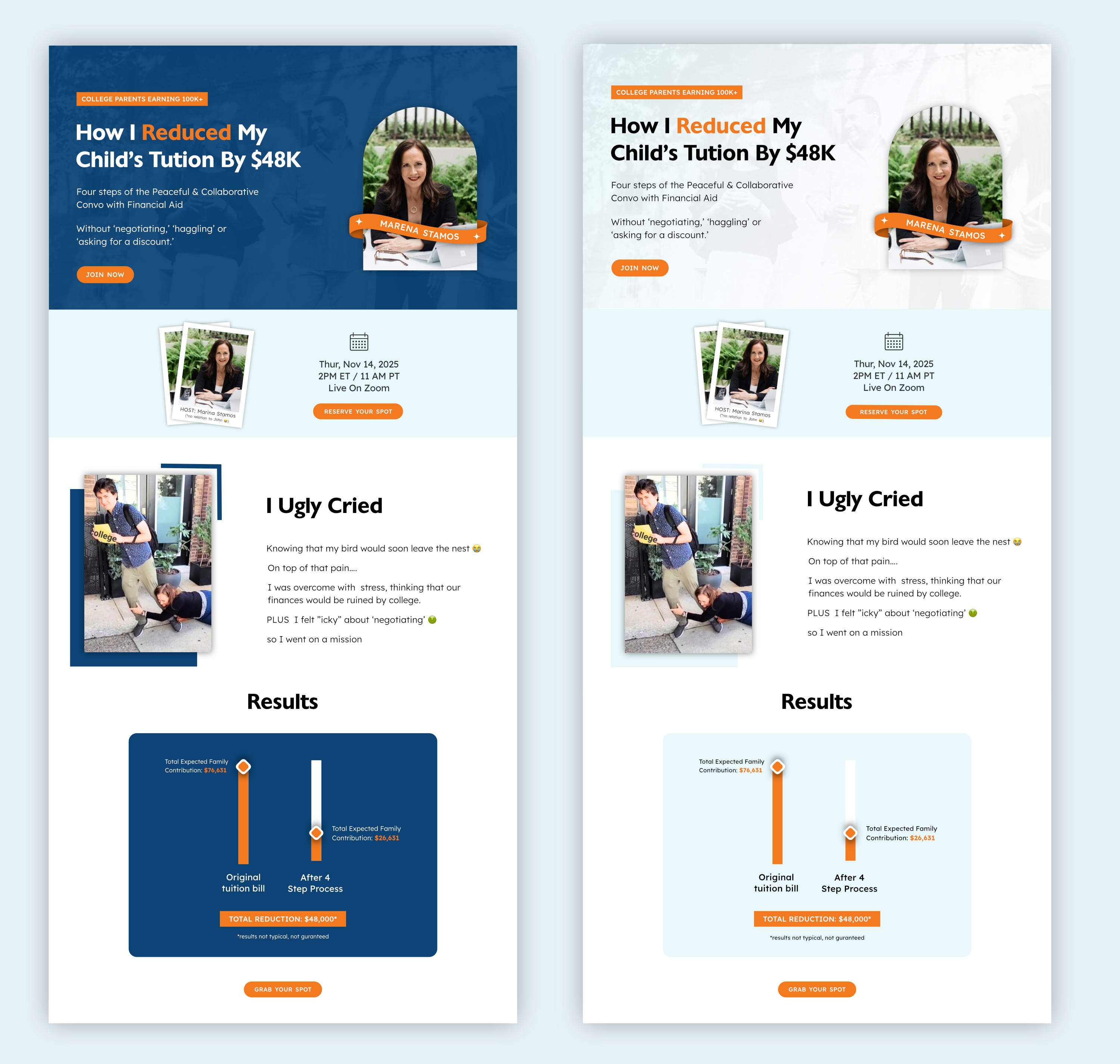 Web Design for Webinar sign-up page: College Hacks for Parents