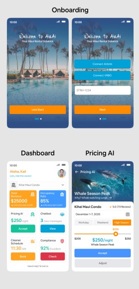 Design the Aloha Vibe for AirAi: 6 Mobile-First UI Mockups for Maui Vacation Rental SaaS entry by McRiver