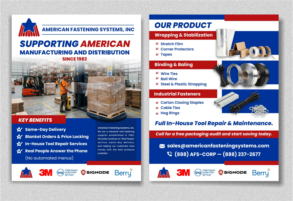 Brochure Design Entry 3792871 submitted by Armchtrm to the contest for Double-Sided Industrial Sales Sheet for American Fastening Systems, Inc. run by AmericanFS