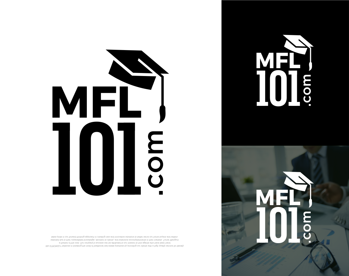 Logo Design for MyFinancialLife101.com is mfl101.com (both registered): Wanting mfl and 101 stacked on top of each other with a graduation cap hangning off the upper righ hand corner of block where the 'l' or 'L' is located